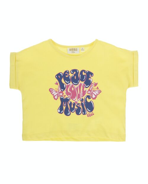 Camiseta corta de niña en punto liso de algodón color  amarillo, manga corta, estampado flor y letras delante. (2y-16y)
