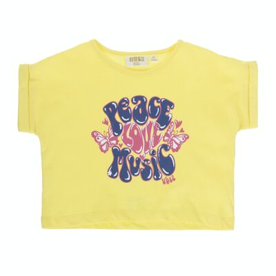 T-shirt corta da bambina gialla in single jersey di cotone, maniche corte, stampa fiori e lettere sul davanti. (2a-16a)