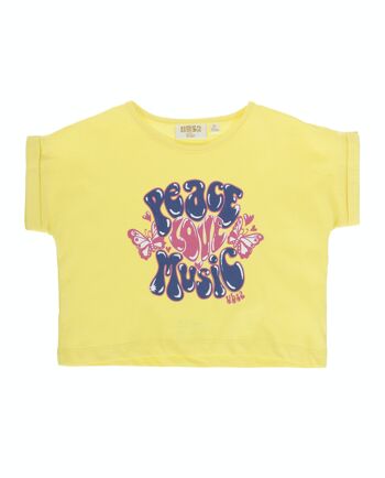 T-shirt fille court jaune en jersey simple de coton, manches courtes, imprimé fleurs et lettres sur le devant. (2a-16a) 1