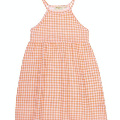 Girl's dress in single stretch cotton jersey with white and fluor coral printed squares, straps. (2y-16y)