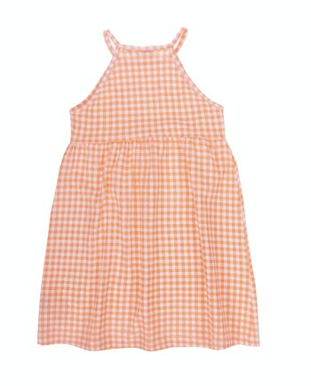 Robe fille en jersey de coton stretch simple à carreaux imprimés blanc et corail fluo, bretelles. (2a-16a) 2