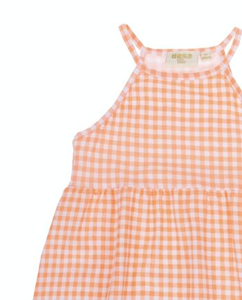 Robe fille en jersey de coton stretch simple à carreaux imprimés blanc et corail fluo, bretelles. (2a-16a) 3