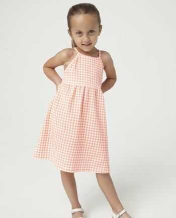 Robe fille en jersey de coton stretch simple à carreaux imprimés blanc et corail fluo, bretelles. (2a-16a) 4