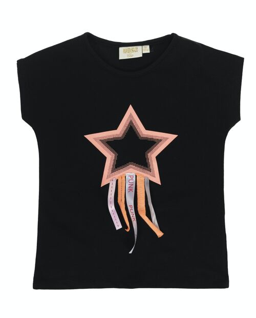 Camiseta de niña en  punto liso elástico de algodón color negro, manga corta, estampado estrella delante. (2y-16y)
