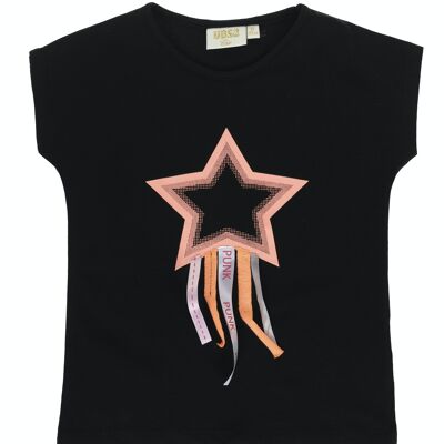 T-shirt nera da bambina in single jersey di cotone stretch, maniche corte, stampa stelle davanti. (2a-16a)