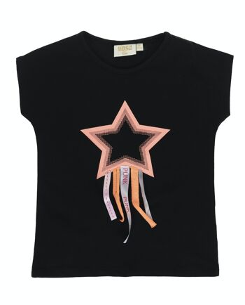 T-shirt noir fille en jersey simple de coton stretch, manches courtes, imprimé étoiles sur le devant. (2a-16a) 1