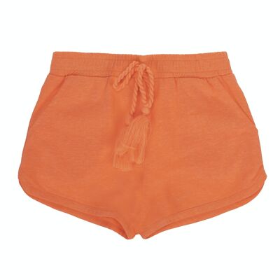 Pantaloncini da bambina in single jersey di cotone corallo fluo, tasche davanti. (2a-16a)