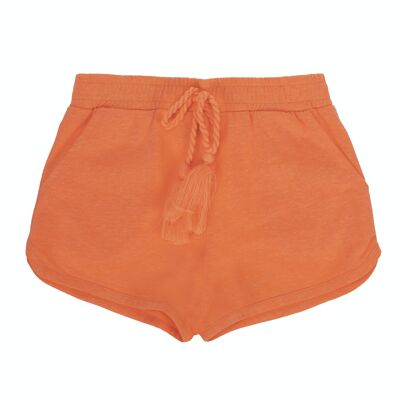 Mädchen-Shorts aus Baumwoll-Single-Jersey in fluoreszierendem Korallenrot, Fronttaschen. (2-16 Jahre)