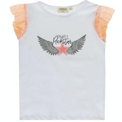 Girl's white stretch cotton single jersey T-shirt, short tulle sleeves, print on the front. (2y-16y)