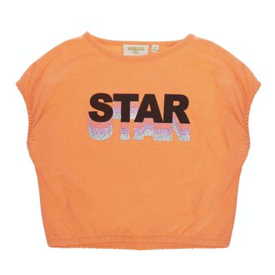 T-shirt corta da bambina in cotone single jersey corallo fluo, maniche corte, stampa davanti. (2a-16a)