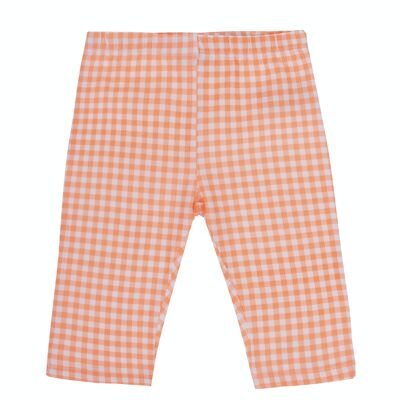 Girl's pirate leggings in plain elastic cotton knit in white and fluor coral printed squares, elasticated waist. (2y-16y)