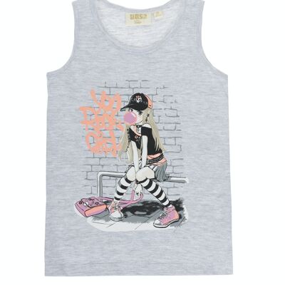 Girl's light gray single jersey cotton T-shirt, wide straps, print on the front. (2y-16y)