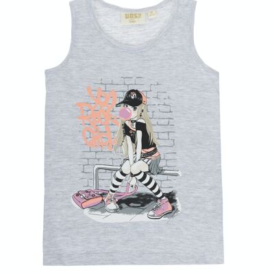 T-shirt gris clair en jersey simple coton fille, larges bretelles, imprimé devant. (2a-16a)