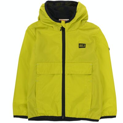 Lime green boy's jacket, with hood, long sleeves, print on the back. (2y-16y)