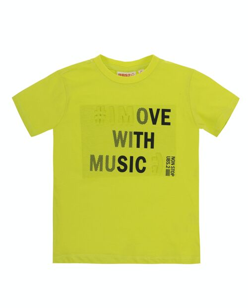 Camiseta de niño en punto liso de algodón color verde  lima, manga corta, estampado delante. (2y-16y)