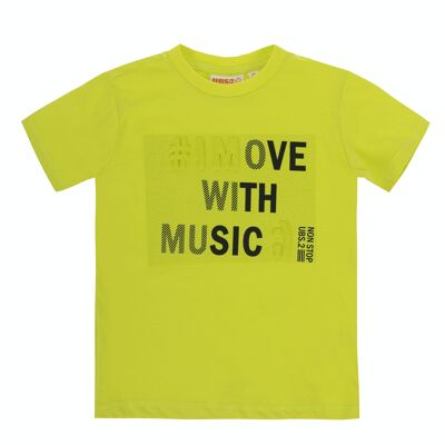 Lime green single jersey boy's cotton T-shirt, short sleeves, print on the front. (2y-16y)