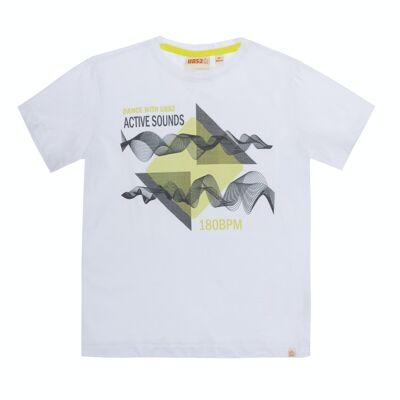 Boy's t-shirt in single jersey white cotton cats, short sleeves, print on the front. (2y-16y)