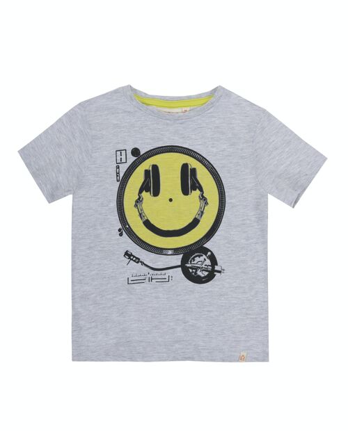 Camiseta de niño en punto liso de  algodón color gris claro, manga corta, estampado delante. (2y-16y)