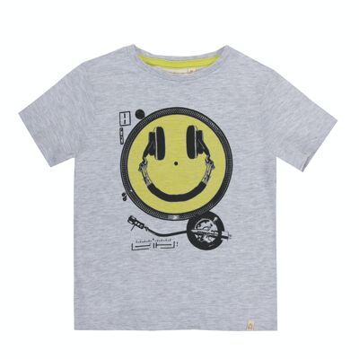 Camiseta de niño en punto liso de  algodón color gris claro, manga corta, estampado delante. (2y-16y)