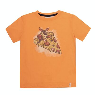 Camiseta de niño en punto liso gatas de algodón color naranja  flúor, manga corta, estampado delante. (2y-16y)