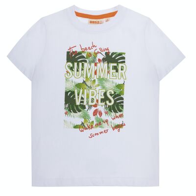 White cotton single jersey boy's T-shirt, short sleeves, print on the front. (2y-16y)