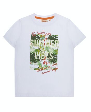 T-shirt garçon en jersey simple de coton blanc, manches courtes, imprimé devant. (2a-16a) 1