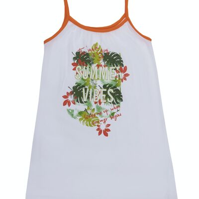 Girl's white single jersey dress with print on the front and orange straps. (2y-16y)