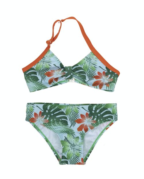 Bikini de niña estampado tropical, tira naranja. (2y-16y)