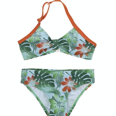 Tropical print girl's bikini, orange strap. (2y-16y)