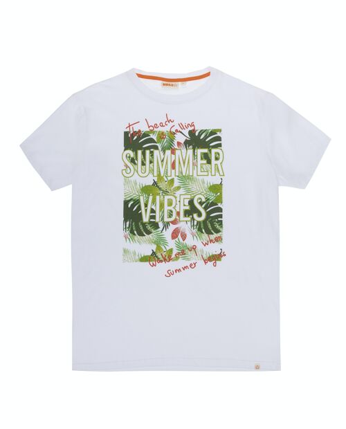 Camiseta de hombre en punto liso de algodón color blanco, manga corta, estampado delante. (XS-XL)