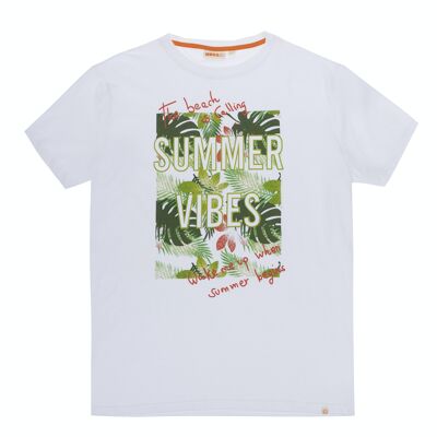 Men's white single jersey cotton T-shirt, short sleeves, print on the front. (XS-XL)