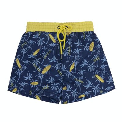 Boy's swimsuit with palm trees and surfboards print in blue and yellow on a navy blue background. (2y-16y)
