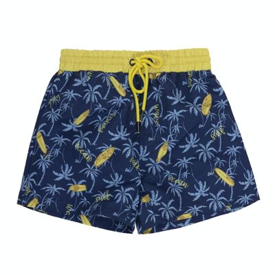 Costume da bambino con stampa di palme e tavole da surf in blu e giallo su sfondo blu navy. (2a-16a)