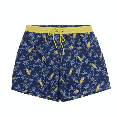 Costume da bagno da uomo con stampa di palme e tavole da surf in blu e giallo su sfondo blu navy. (XS-XL)