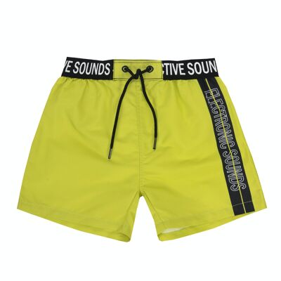 Lime green boy's swimsuit with black stripe with printed text. (2y-16y)