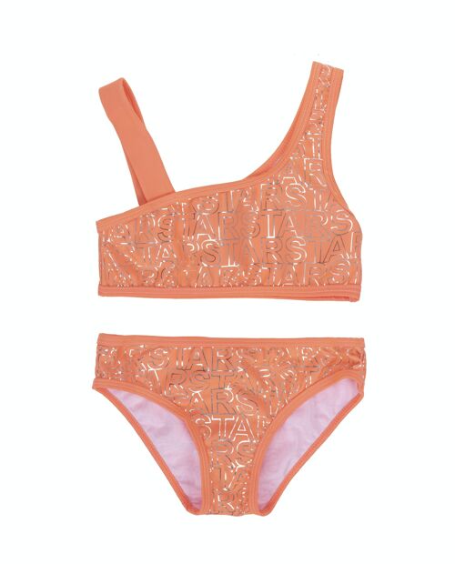 Bikini de niña coral flúor con letras color plata, tirantes anchos. (2y-16y)