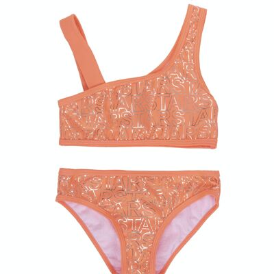 Fluor coral girl's bikini with silver letters, wide straps. (2y-16y)