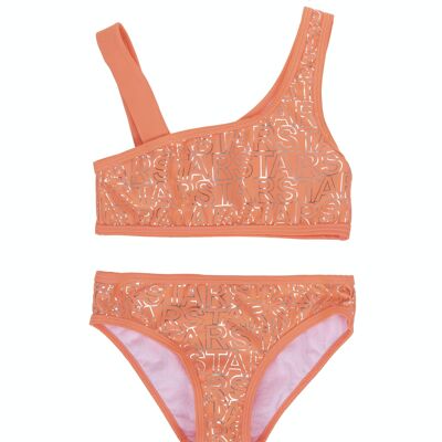 Bikini da bambina corallo fluo con lettere argentate, spalline larghe. (2a-16a)