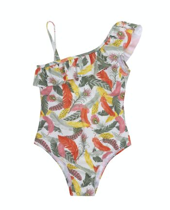 Maillot de bain fille imprimé plumes orange. (2a-16a) 1