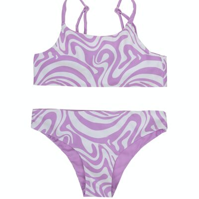 Reversible bikini for girl, psychedelic print in lilac and ecru. (2y-16y)