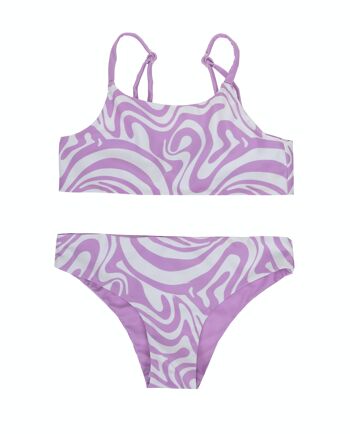 Bikini réversible pour fille, imprimé psychédélique en lilas et écru. (2a-16a) 1