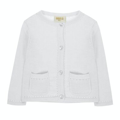 White tricot knit baby girl jacket, long sleeves. (3M-48M)