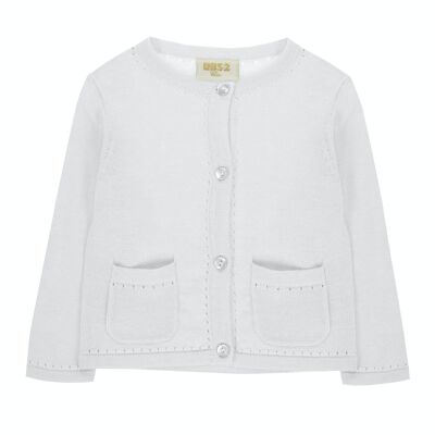 Weiße Strickjacke für Babys, lange Ärmel. (3M-48M)