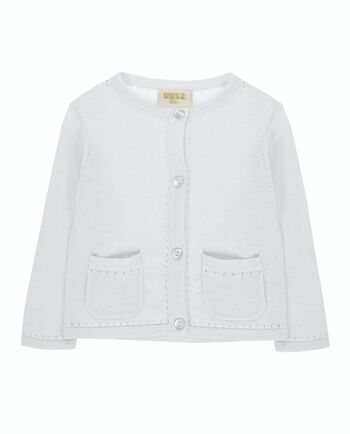 Veste bébé fille en maille tricot blanche, manches longues. (3M-48M) 1