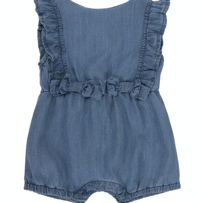 Baby girl's medium blue cotton romper with ruffles on the front. (3M-48M)