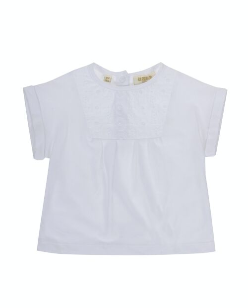 Camiseta de bebé niña en punto liso de algodón color blanco y tejido bordado suizo, manga corta. (3M-48M)