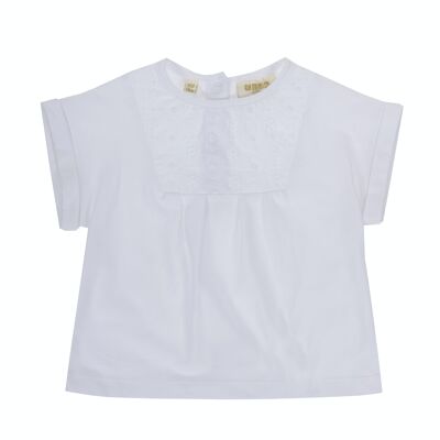 White cotton single jersey baby girl T-shirt with Swiss embroidered fabric, short sleeves. (3M-48M)