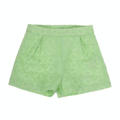 Shorts da neonata in cotone verde chiaro con ricami svizzeri. (3M-48M)