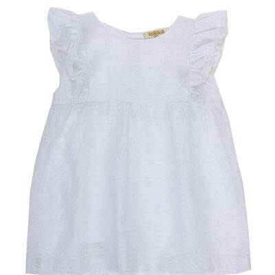 Kleid für Babymädchen aus weißem Baumwollstoff mit Schweizer Stickerei, kurze Ärmel. (3M-48M)