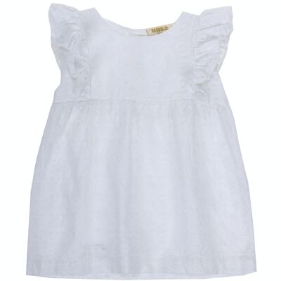 Kleid für Babymädchen aus weißem Baumwollstoff mit Schweizer Stickerei, kurze Ärmel. (3M-48M)